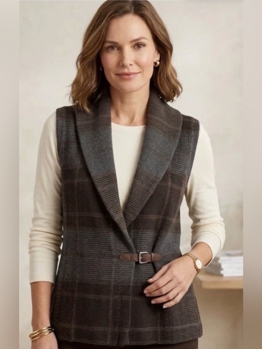 VTG Lauren Ralph Lauren Plaid Toggle Sweater Vest Cotton Shawl Collar Y2K P/S
